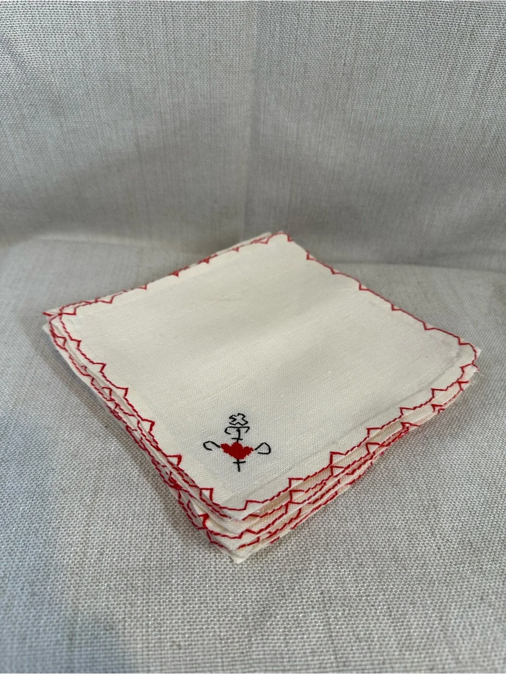 Hand-Embroidered Linen Cocktail Napkins. Red & Black Stitching VINTAGE Set of 10